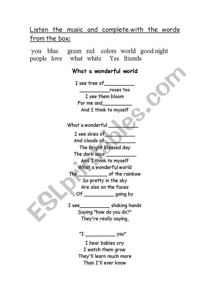 What a wonderful world worksheet