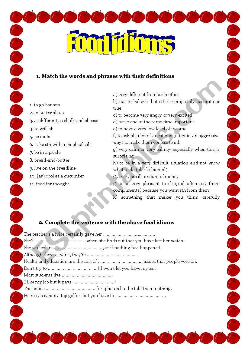 Food idioms worksheet