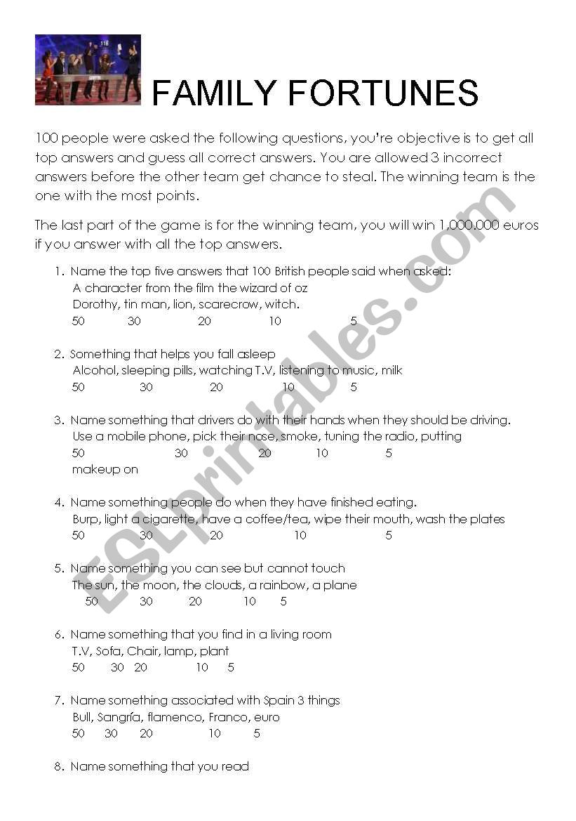 FAMILY FORTUNES worksheet