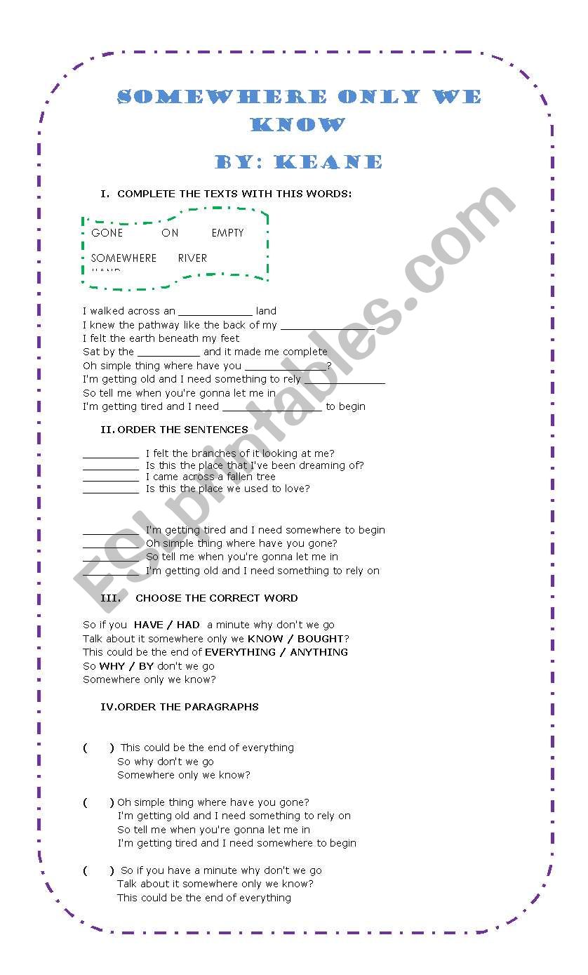 SOMEWHERE ONLY WE KNOW worksheet
