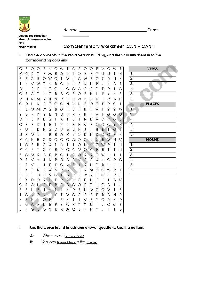 can - cant worksheet