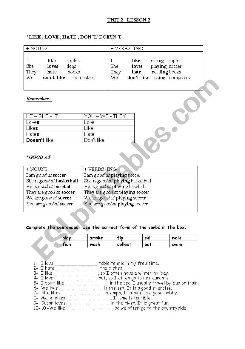 évaluation Anglais 6ème Like Love Hate GOOD AT , LIKE , LOVE , HATE , DON´T/ DOESN´T - ESL worksheet by celx