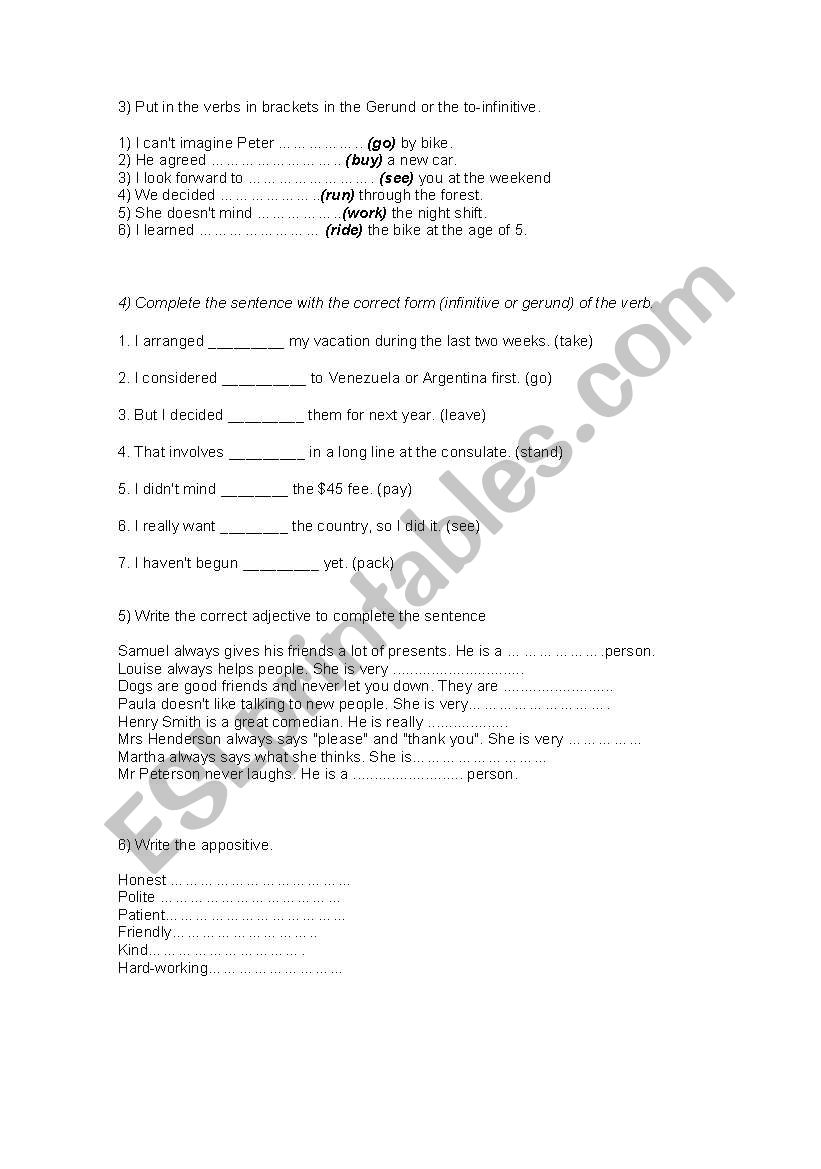infinitive - gerund worksheet