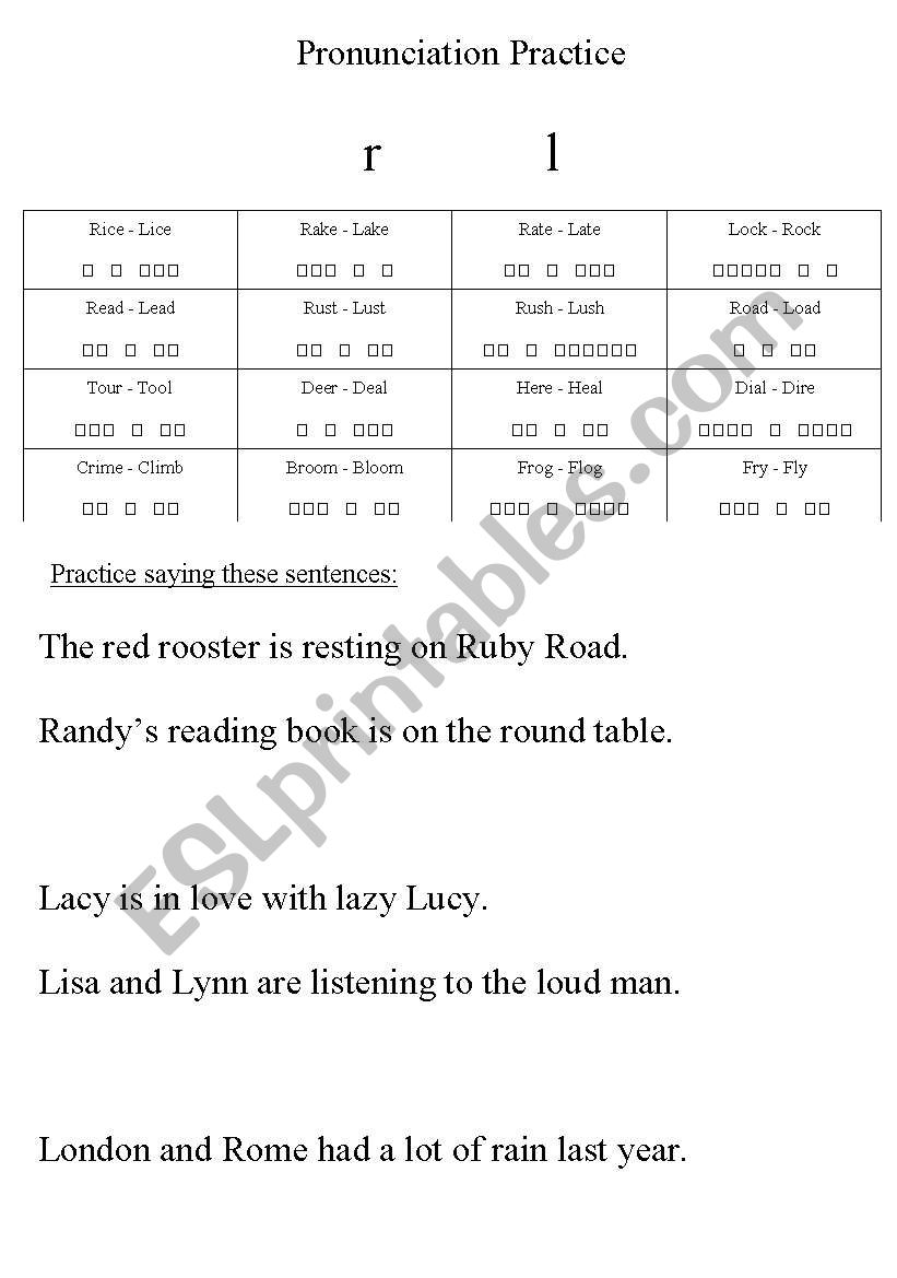 R - L Pronunciation Practice worksheet