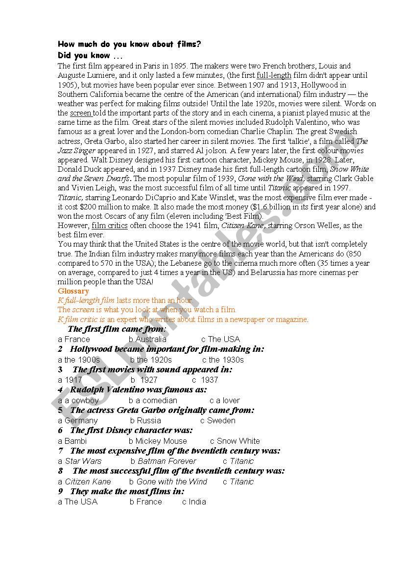 films-history worksheet