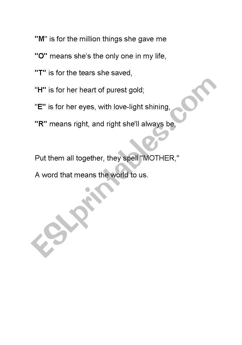 mothers day poem worksheet