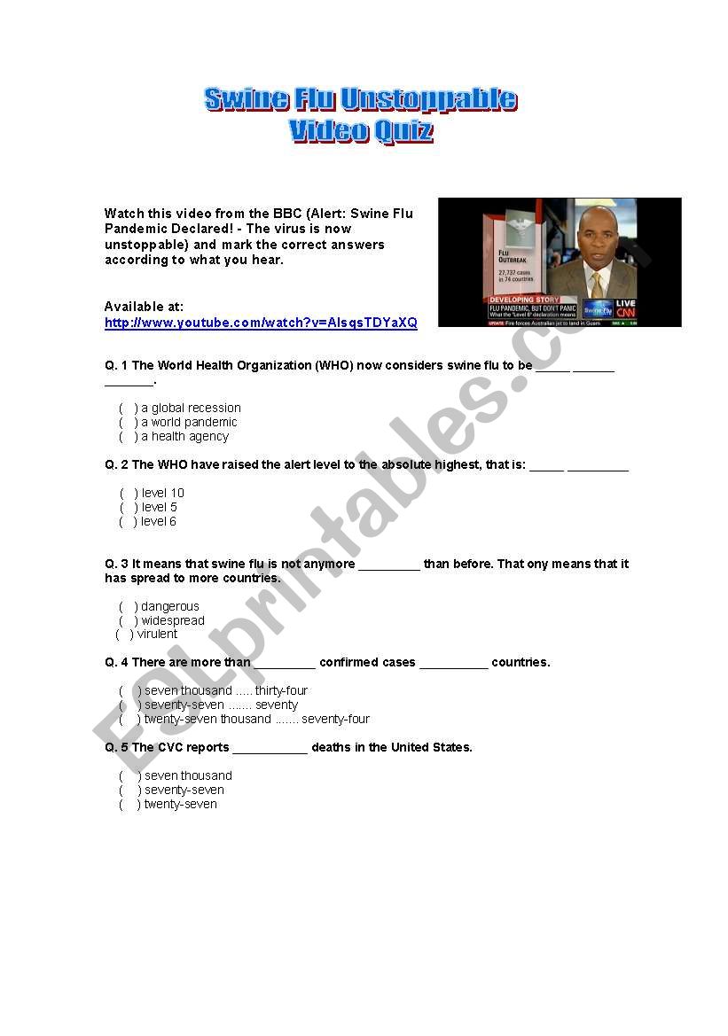 Swine Flu Video Quiz worksheet