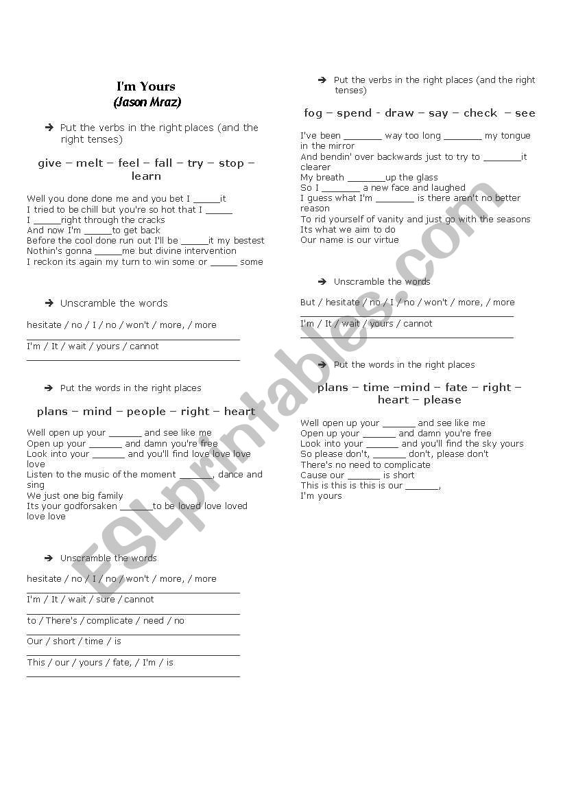 English worksheets: I´m yours