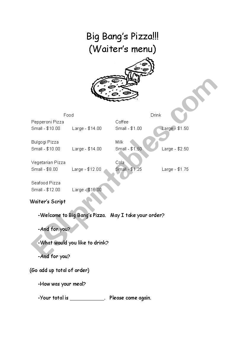 Restaurant Menus and Dialogue worksheet