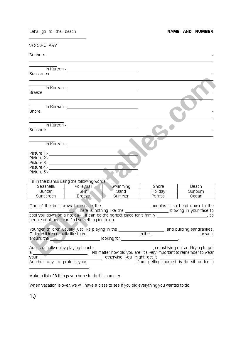 Beach Lesson plan with a Cloze Activity