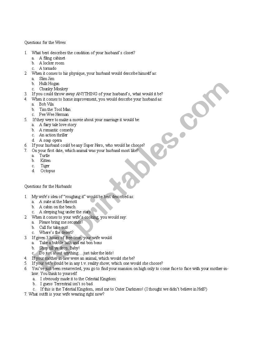 The Newlywed Game worksheet