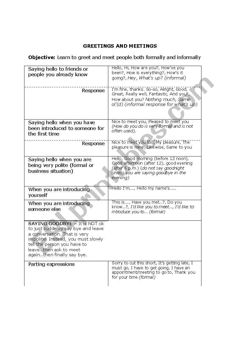 Meetings and Greetings people worksheet