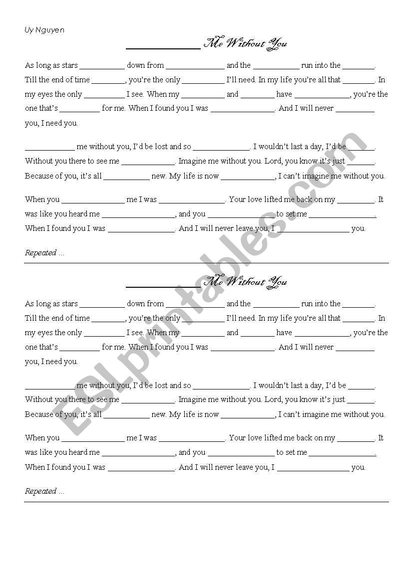 Imagine me without you worksheet