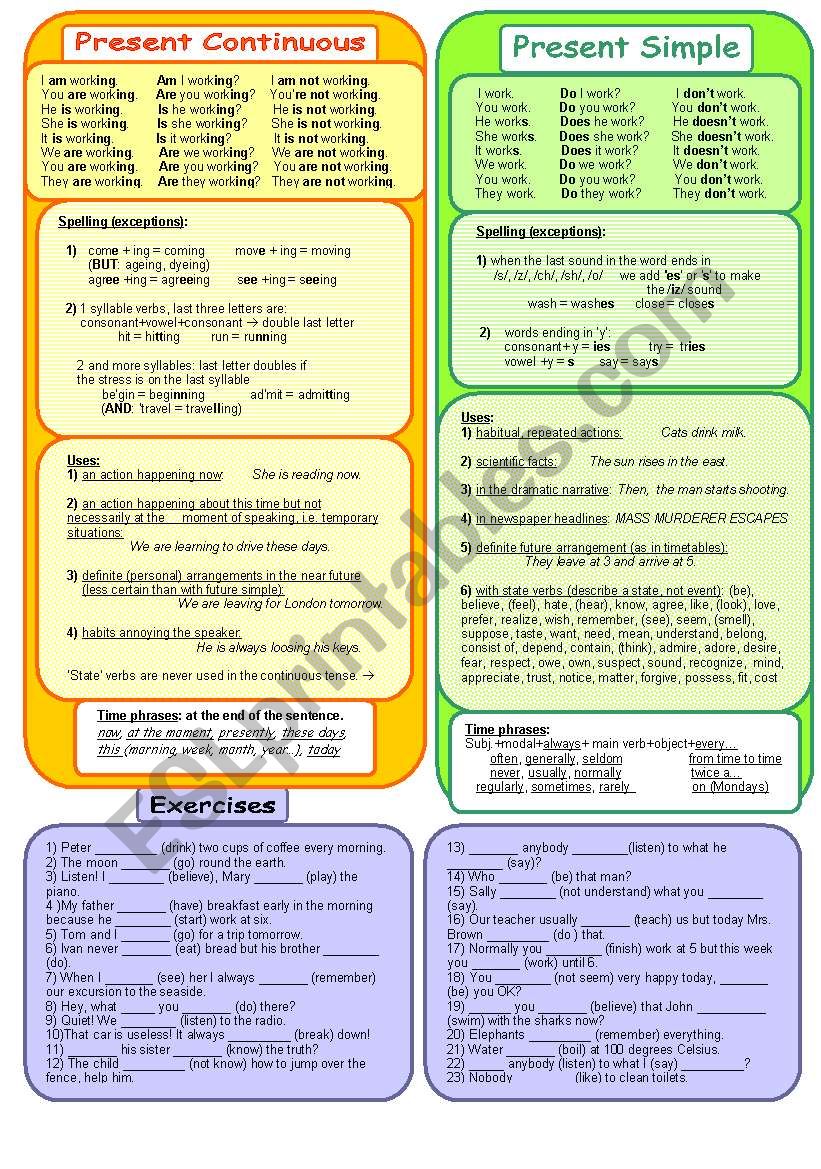 Present Simple and Continuous rules + exercises, B&W version included