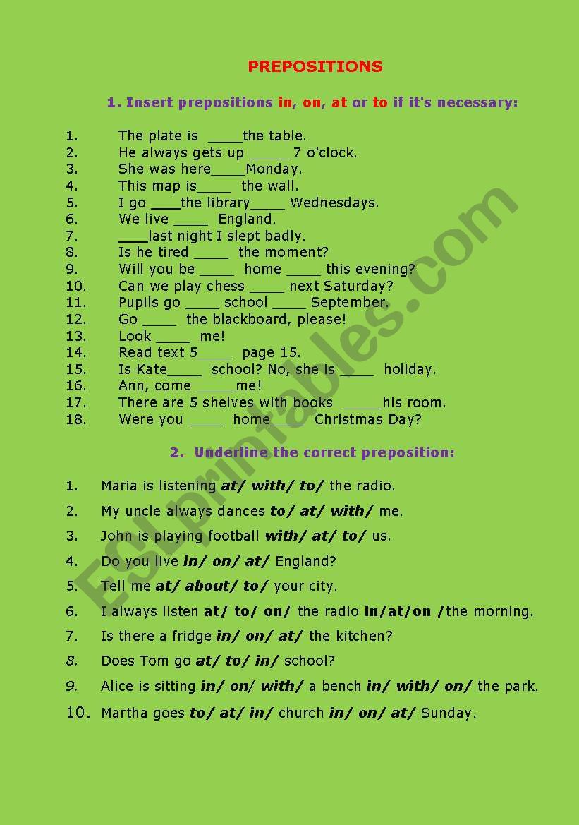 Prepositions worksheet