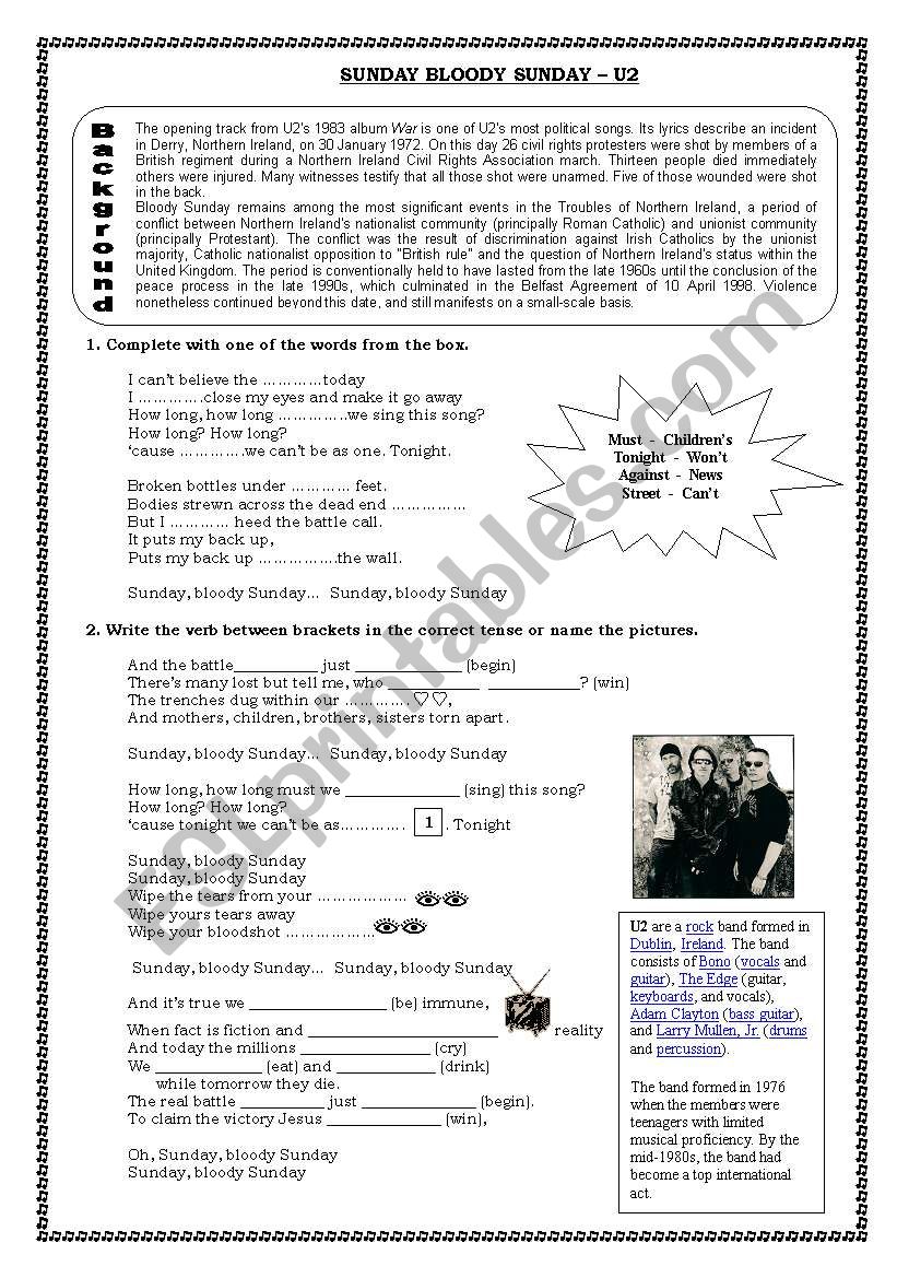 Sunday Bloody Sunday U2 worksheet