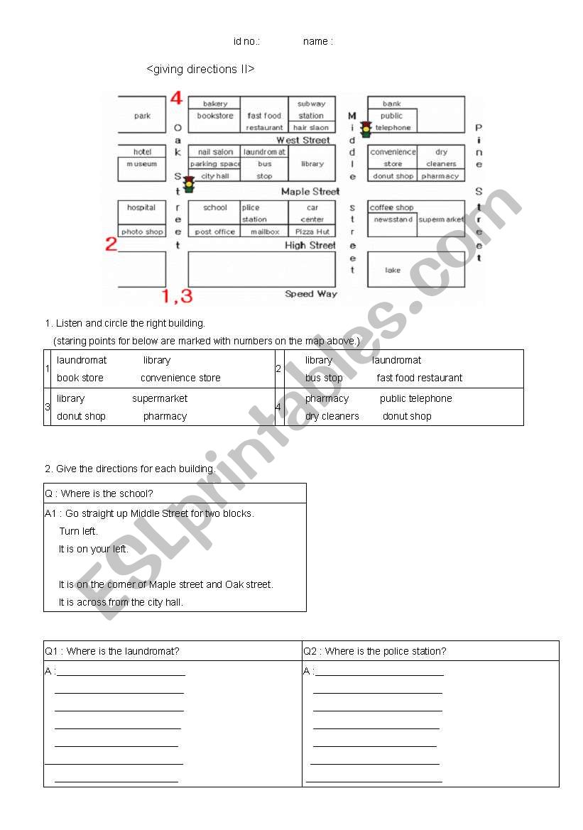 giving directions worksheet