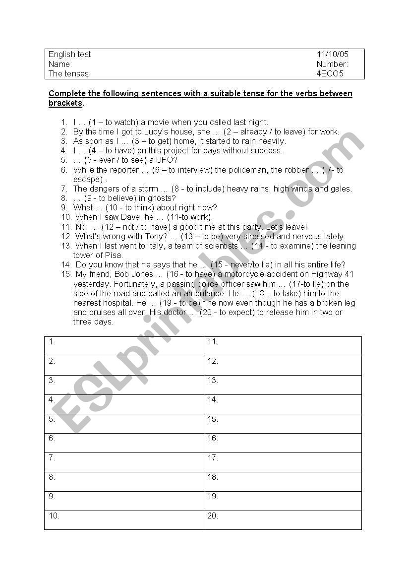 tenses  worksheet