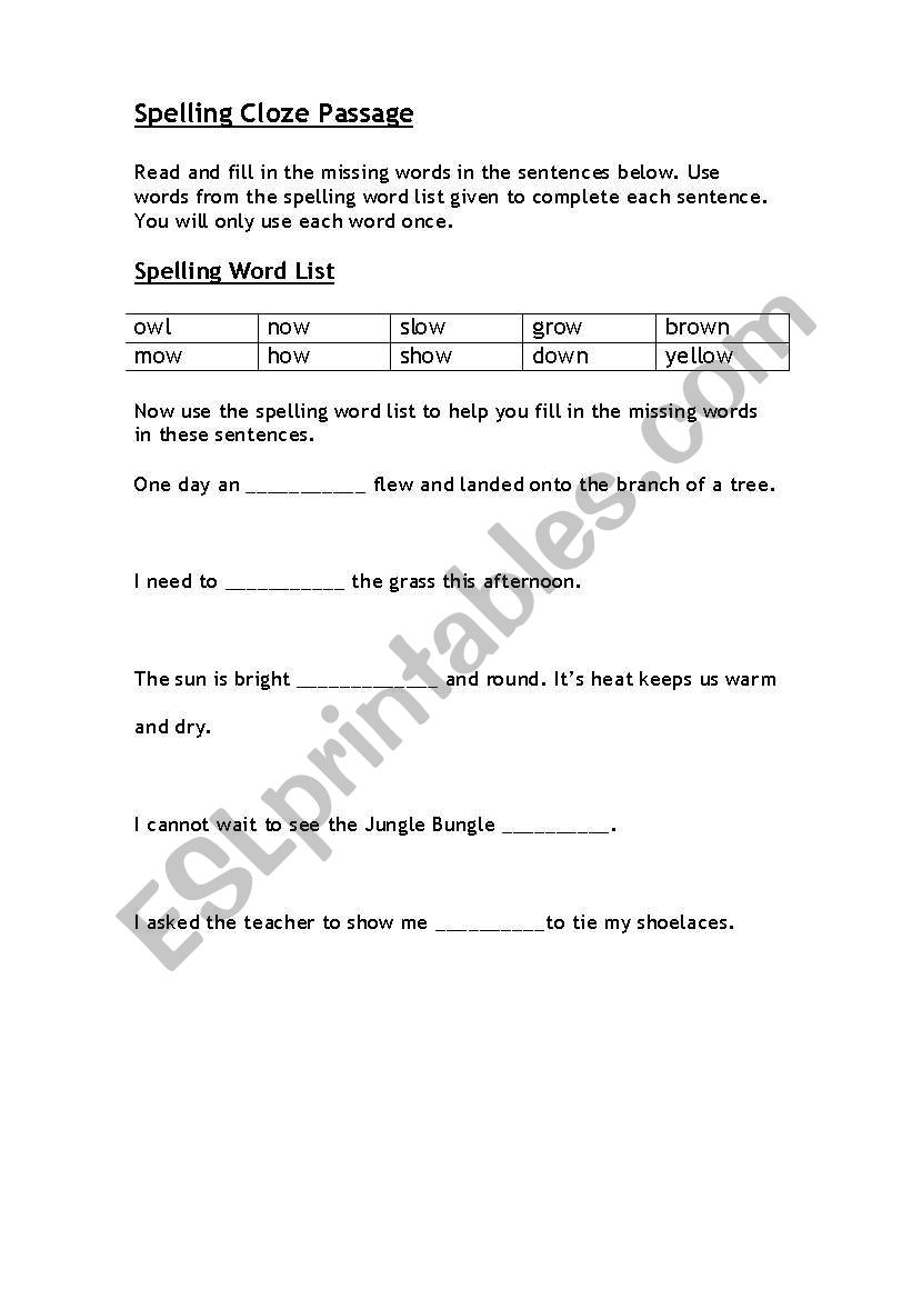 Spelling cloze passage stage 1- using ten list words