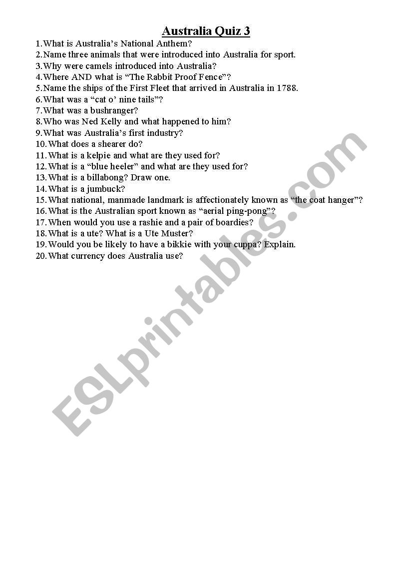 Australia Quiz 3 worksheet