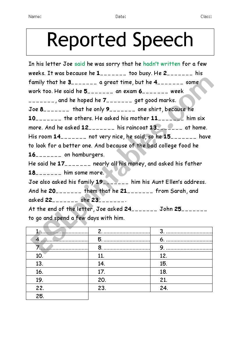reported speech grade 7 worksheet