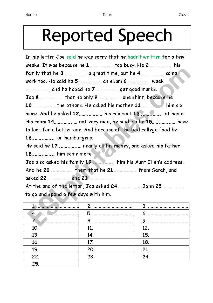 reported speech worksheet song