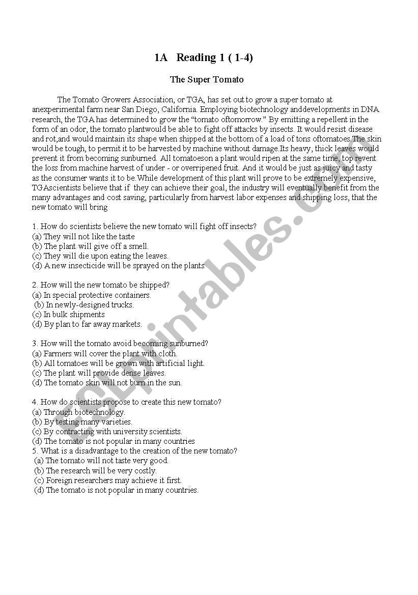 Intermediate Reading Test worksheet
