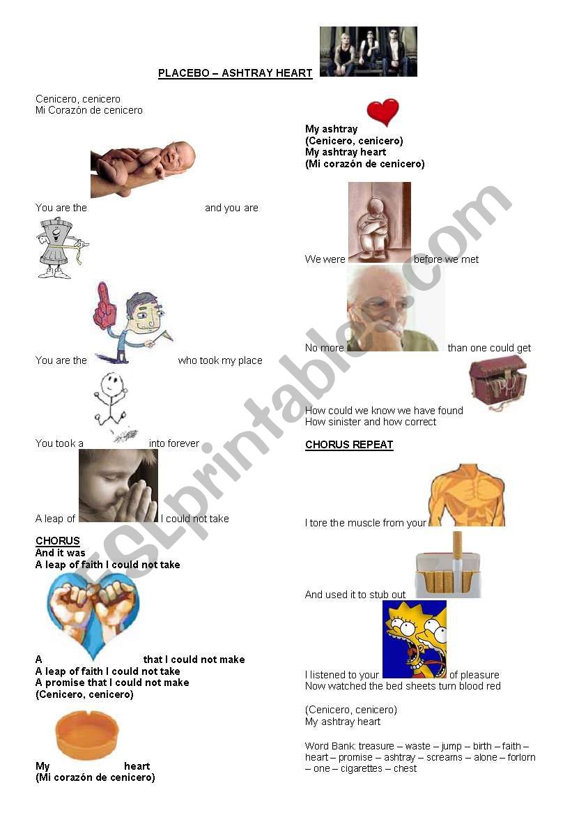 Placebo - Ahstray Heart worksheet