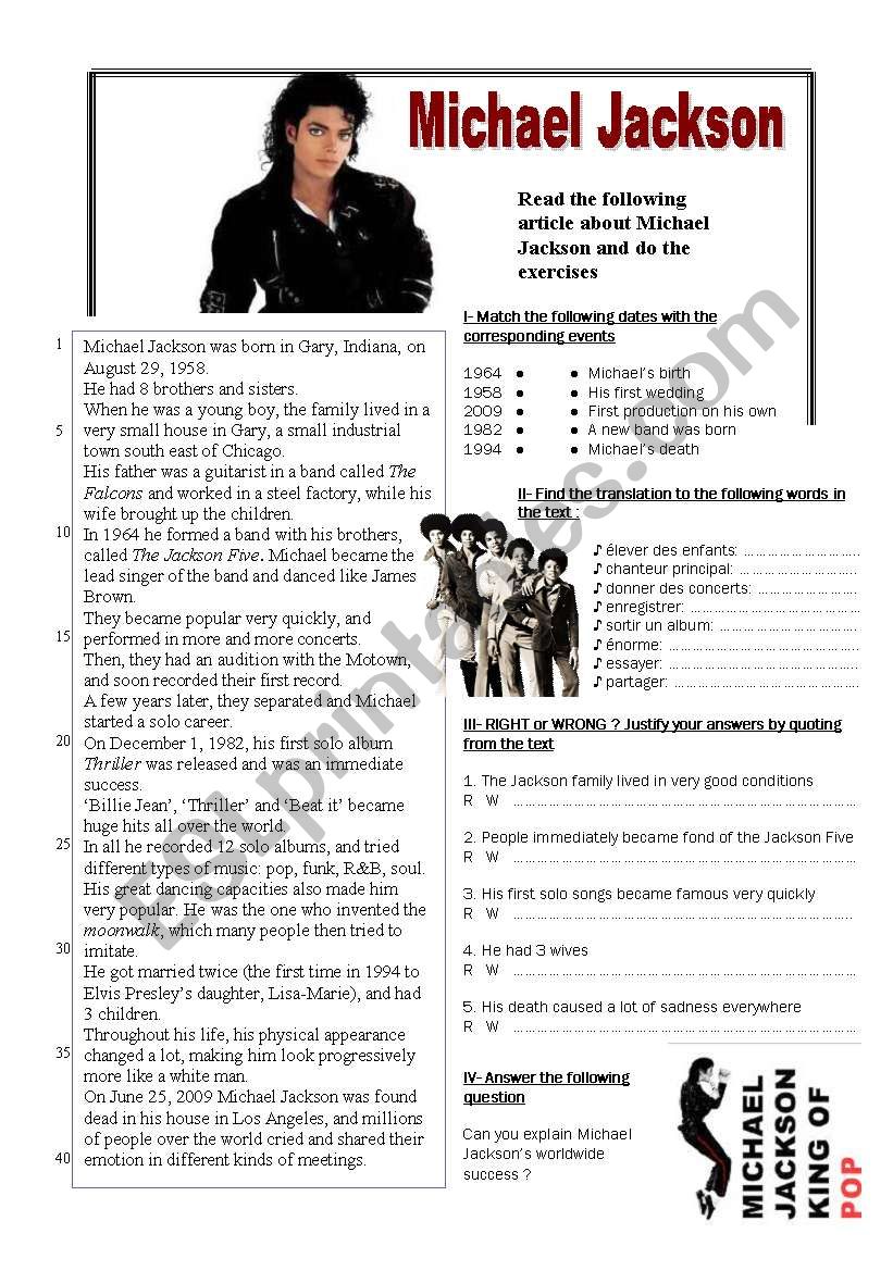 Michael Jackson worksheet