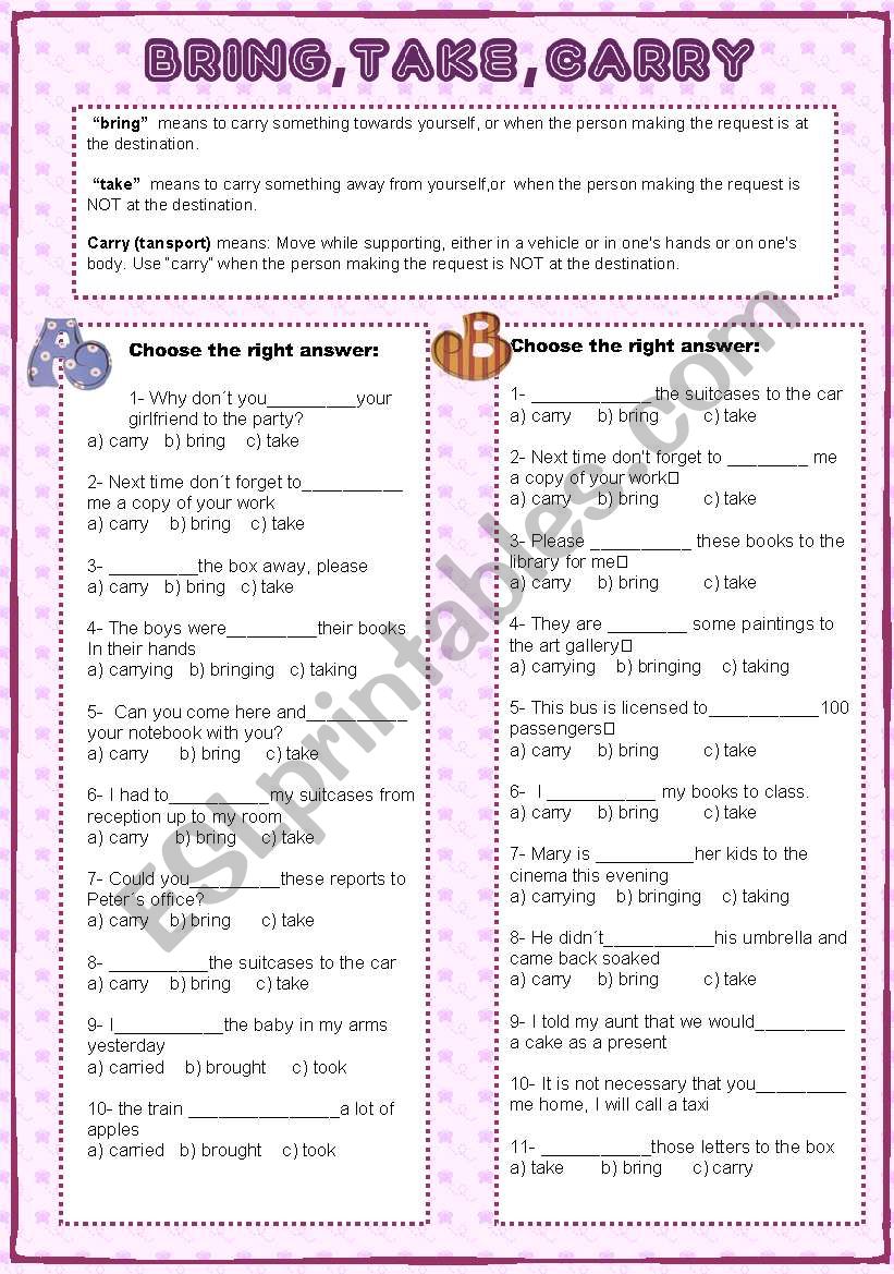 Bring,take, carry worksheet