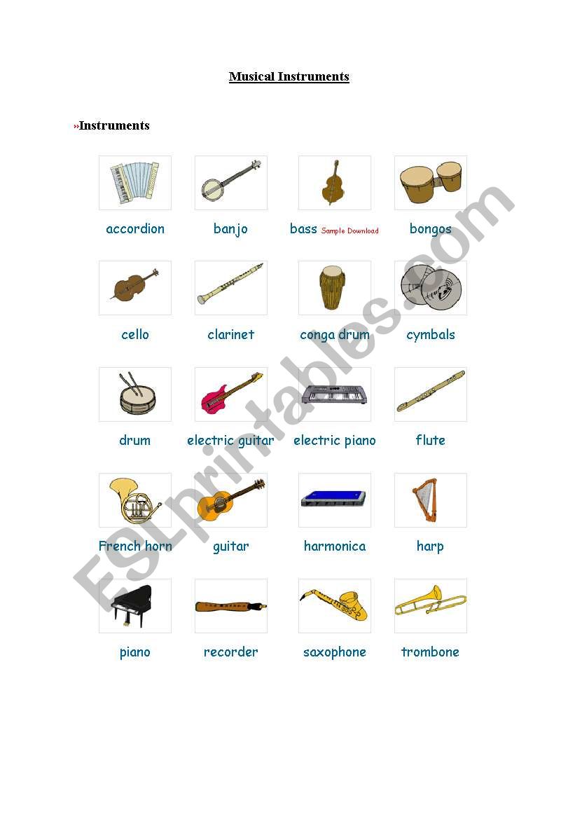 Musical instruments worksheet