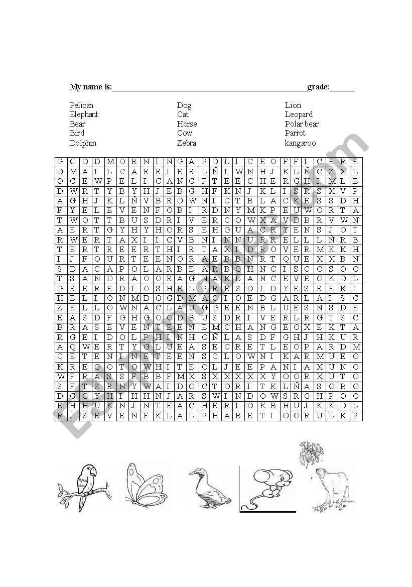 Animals Word-search worksheet