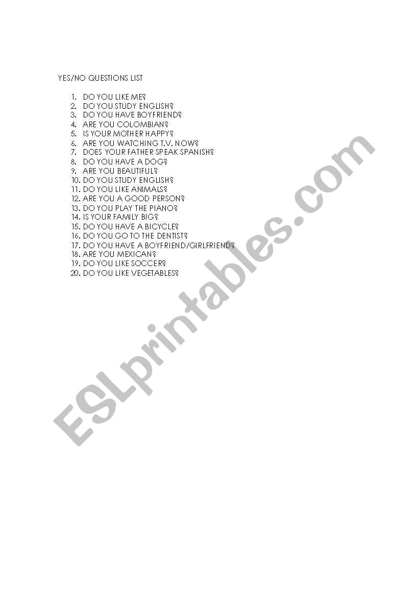 yes no questions list worksheet