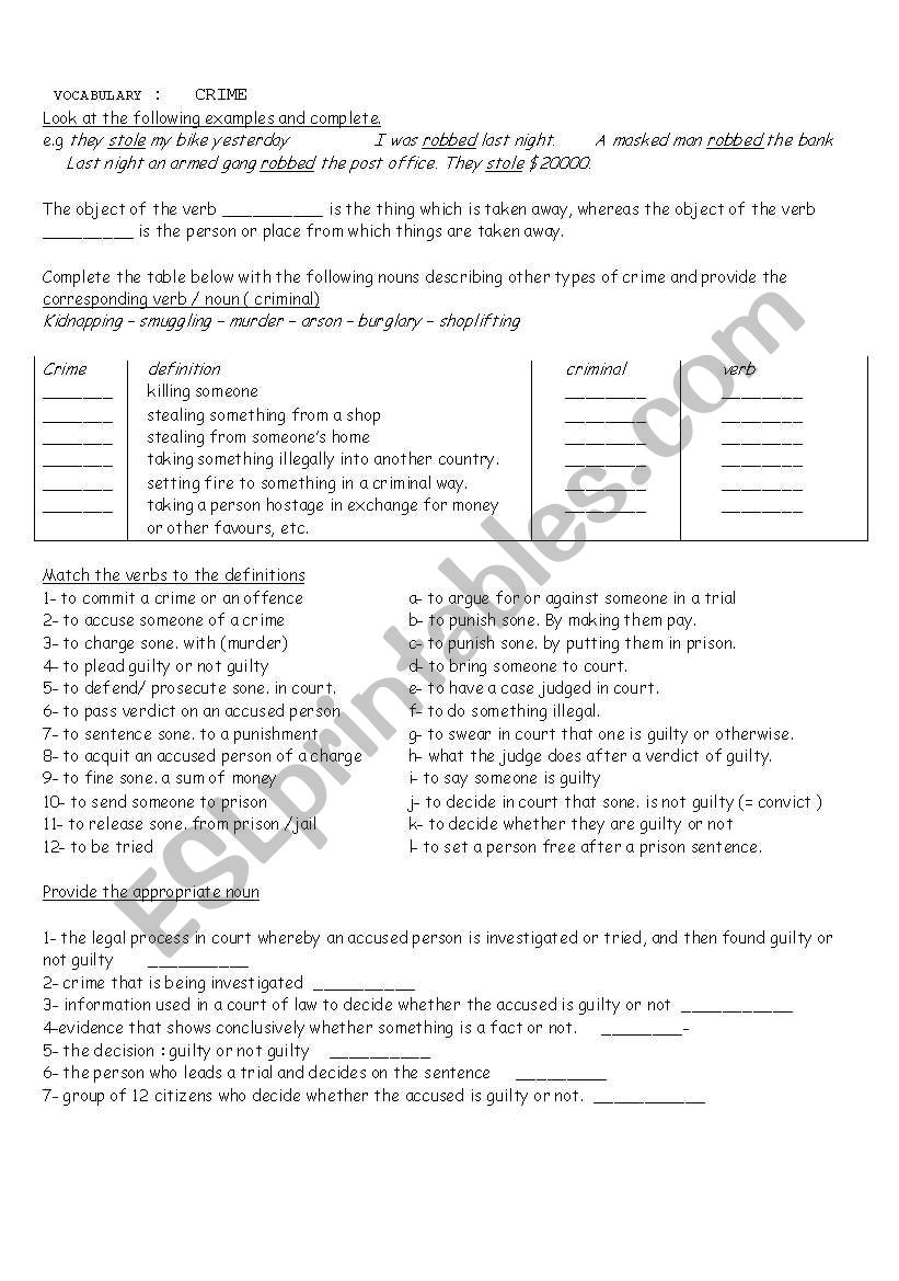 Crime vocabulary worksheet