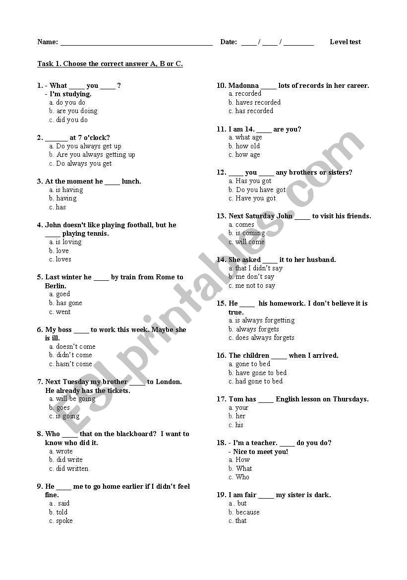 Level test for (pre-)intermediate students / placement test