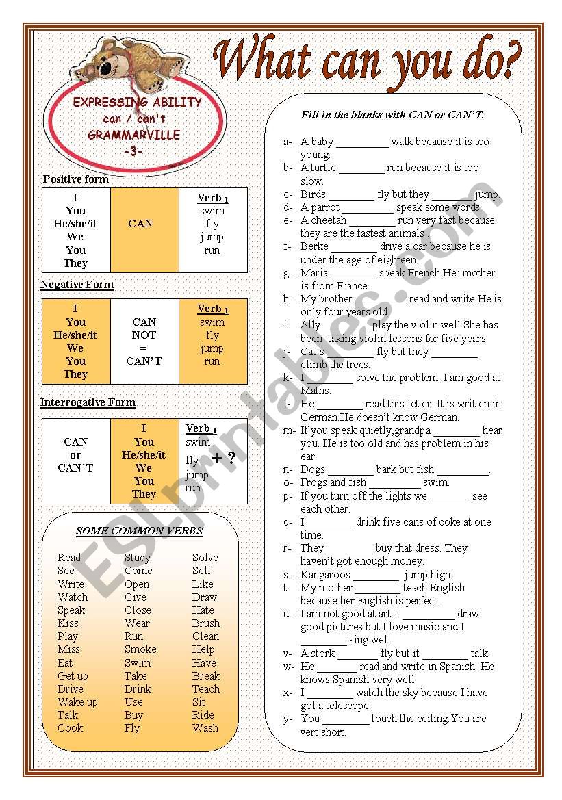 Grammarville 3 - Can / Cant worksheet