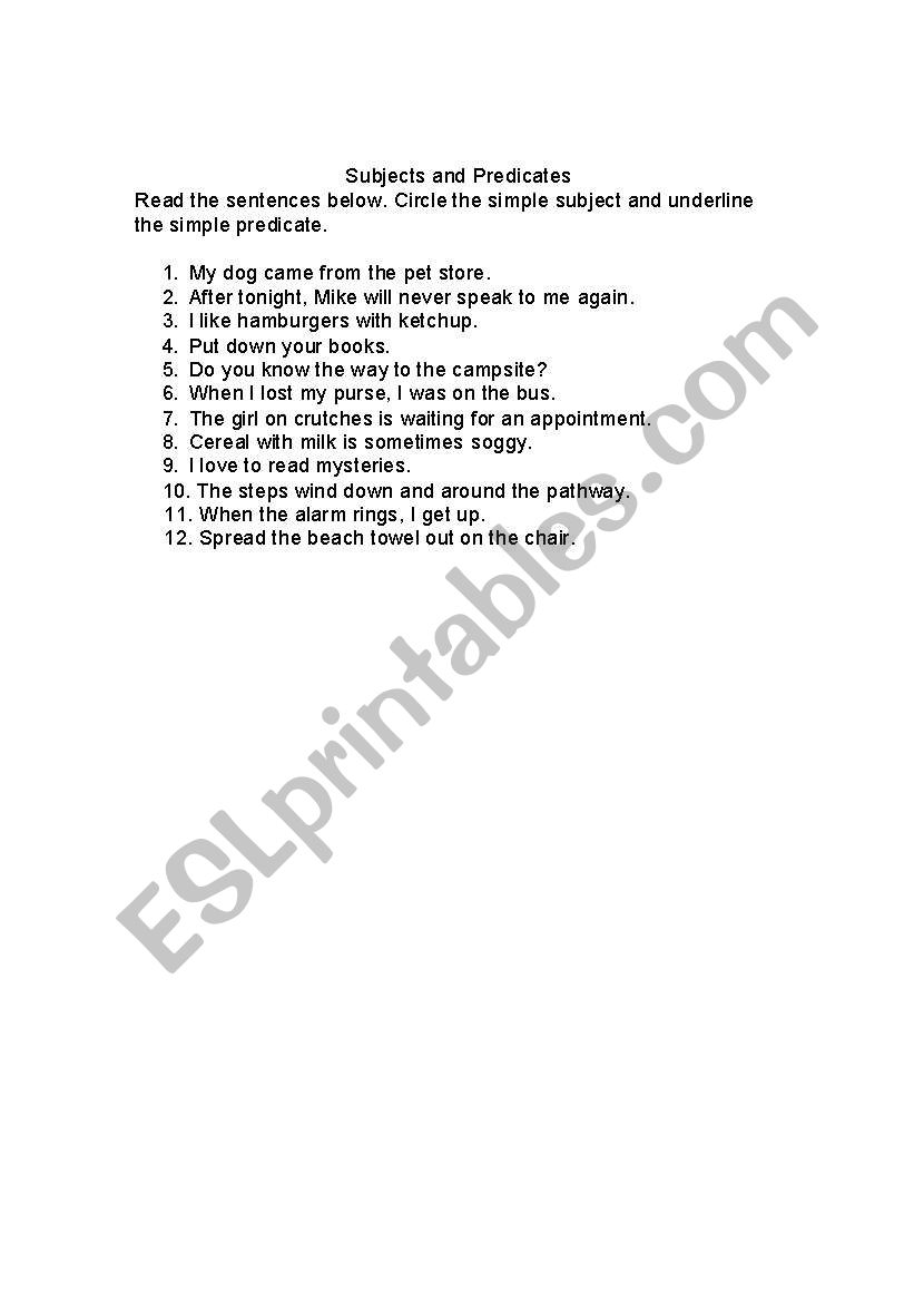 Subject and Predicates Worksheet
