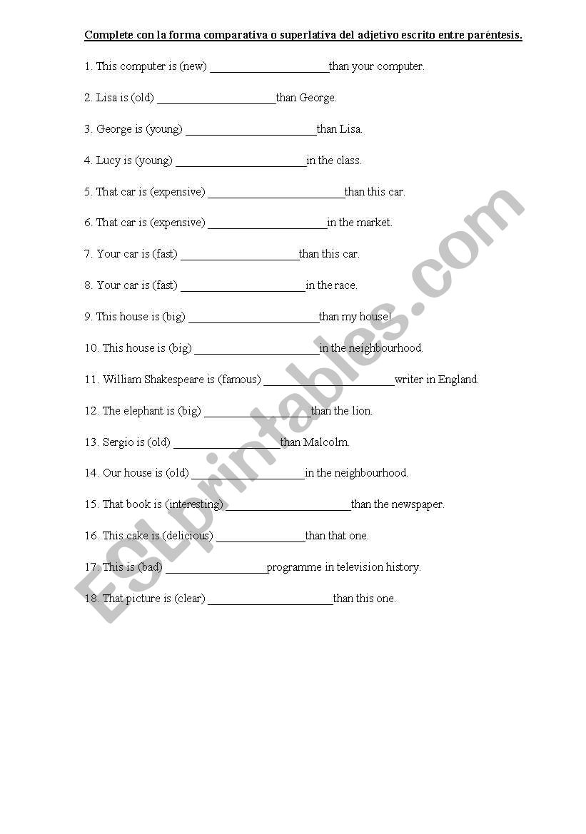 COMPARATIVE AND SUPERLATIVE worksheet