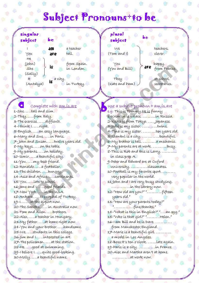 Subject Pronouns+to be worksheet
