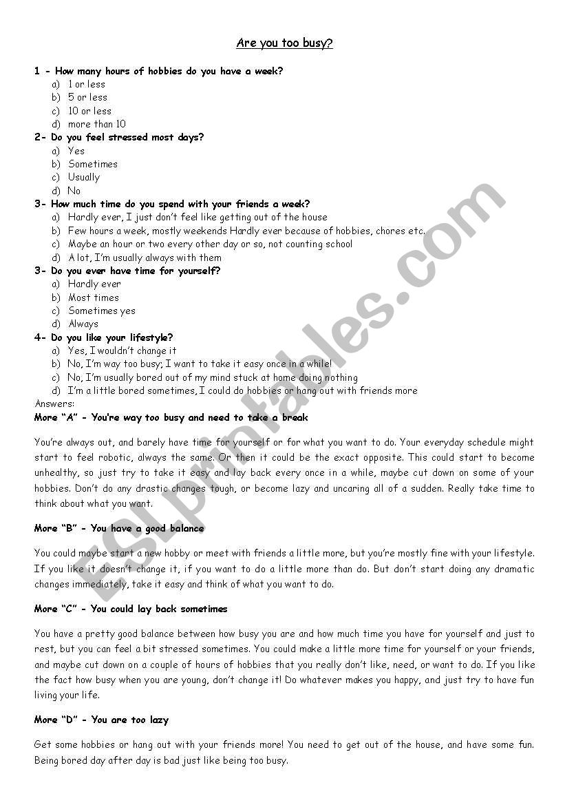 Are you too busy? worksheet