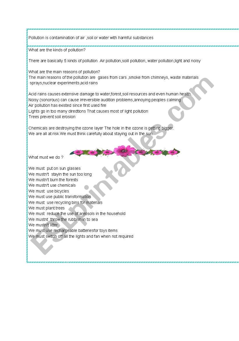 Reasons of pollution worksheet