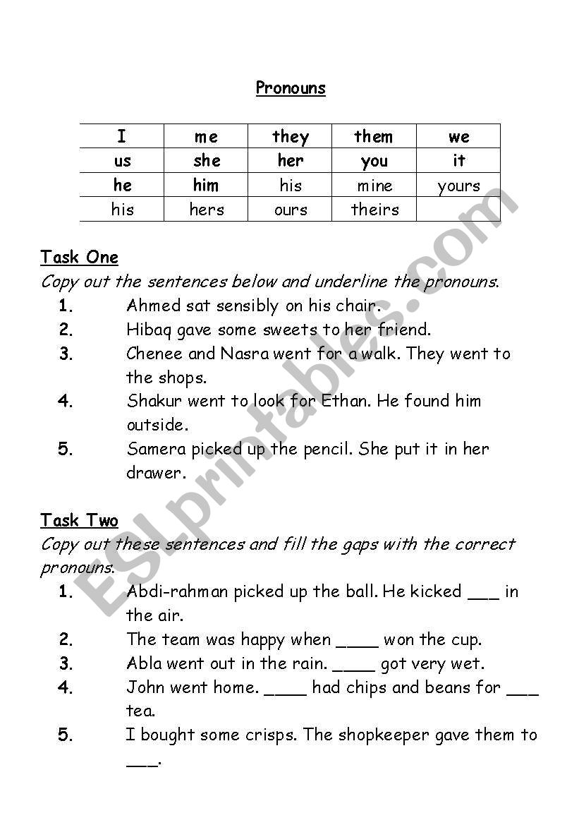 Pronouns worksheet