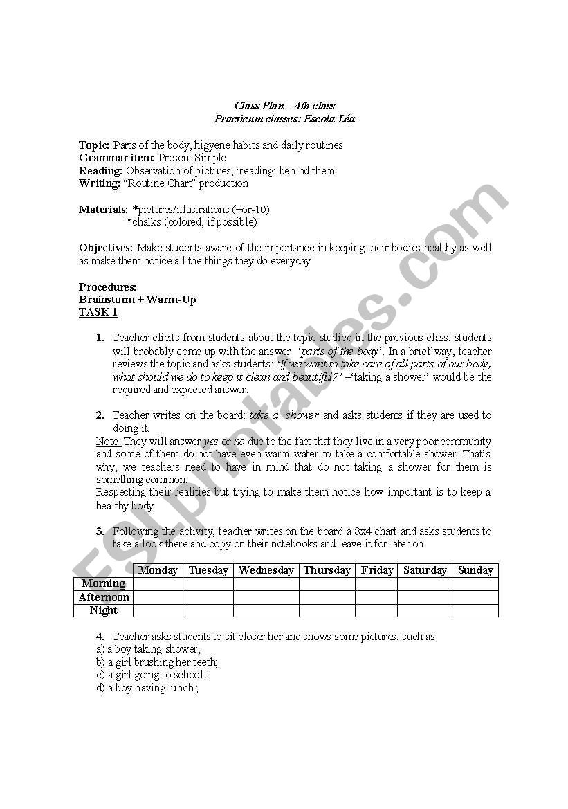 human body, daily routines worksheet