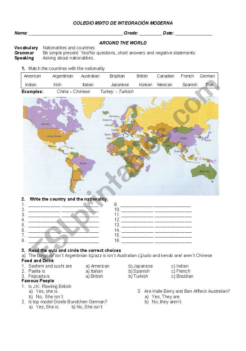 COUNTRIES AND NATIONALITIES - ESL worksheet by dianajunibio
