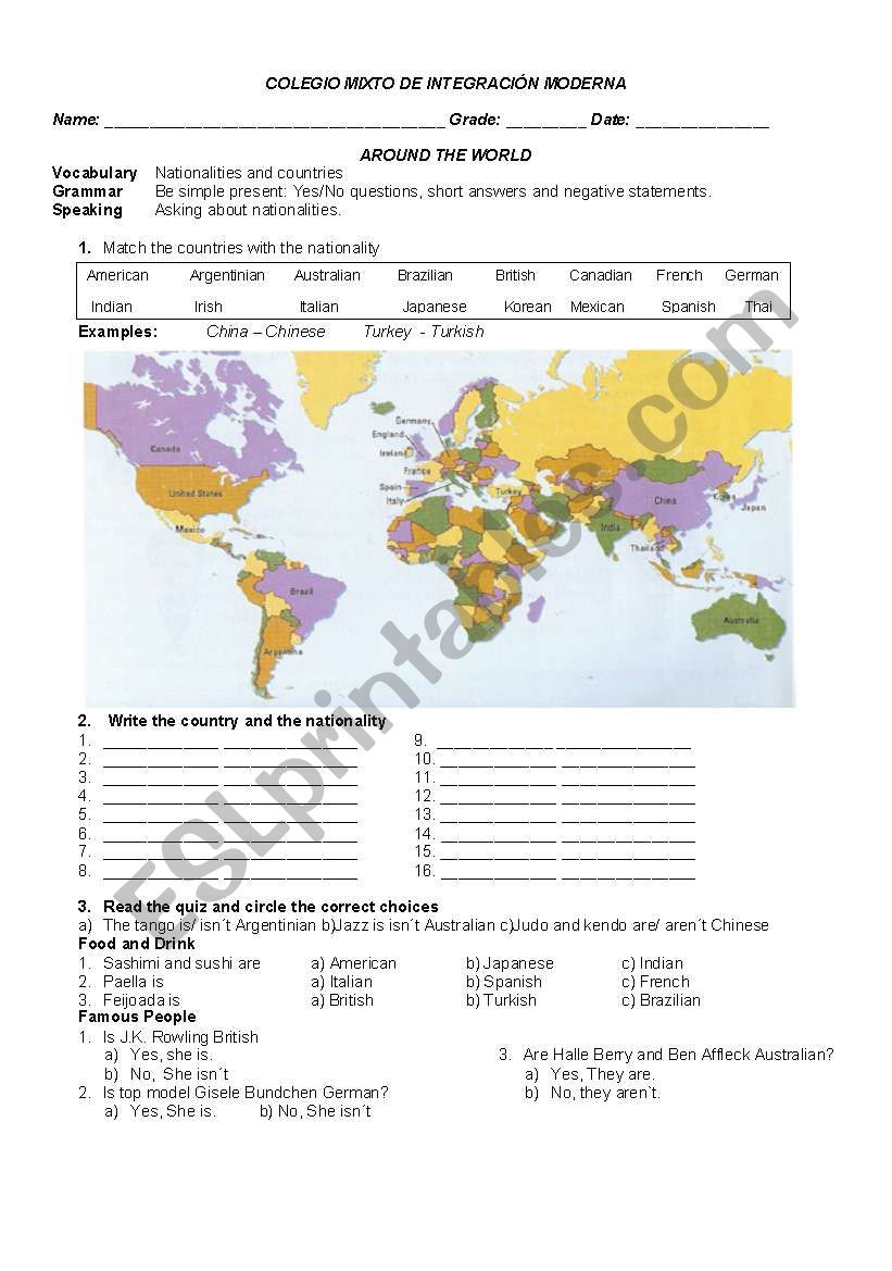 COUNTRIES AND NATIONALITIES worksheet