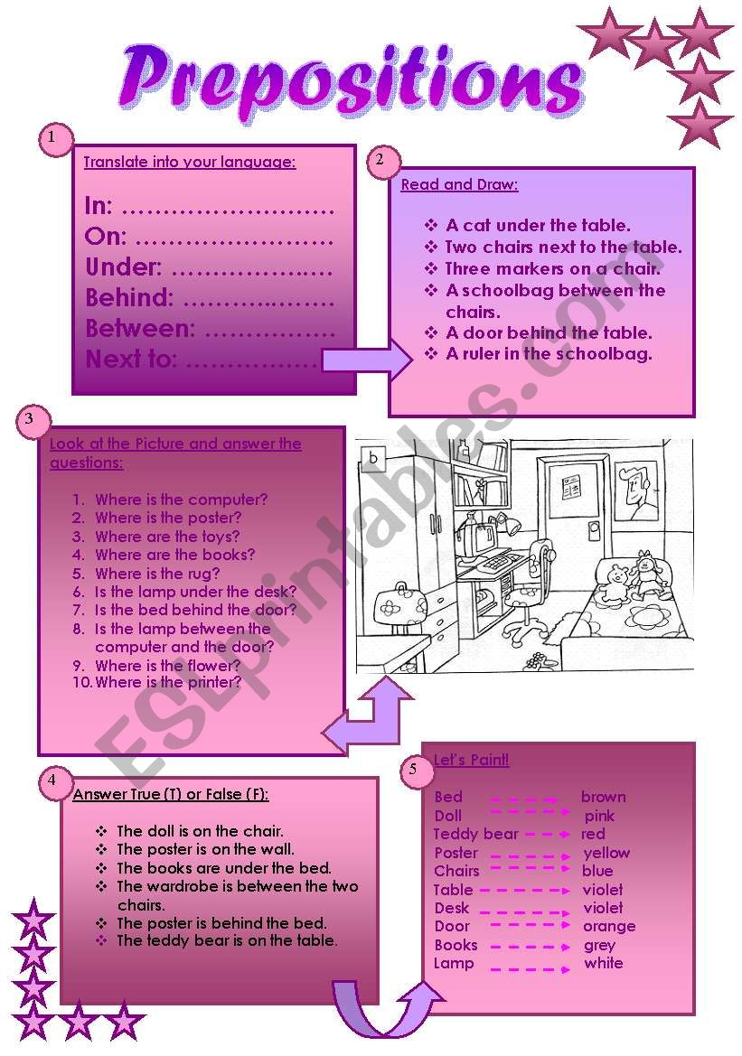 Prepositions - 5 activities worksheet