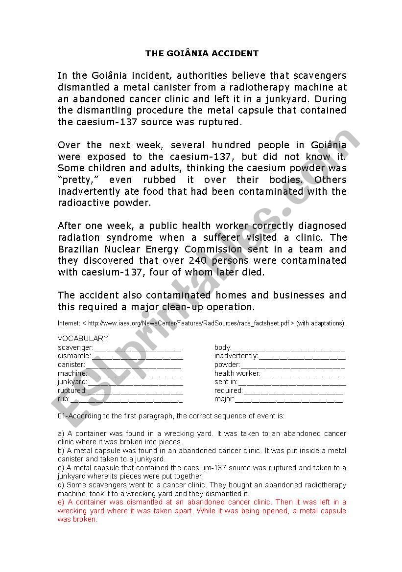 THE GOIANIA ACCIDENT worksheet