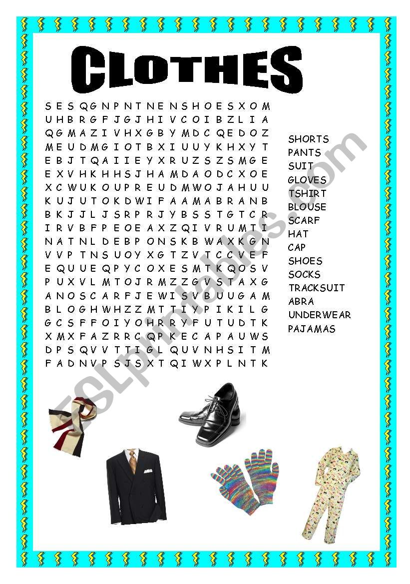 Clothes wordsearch worksheet