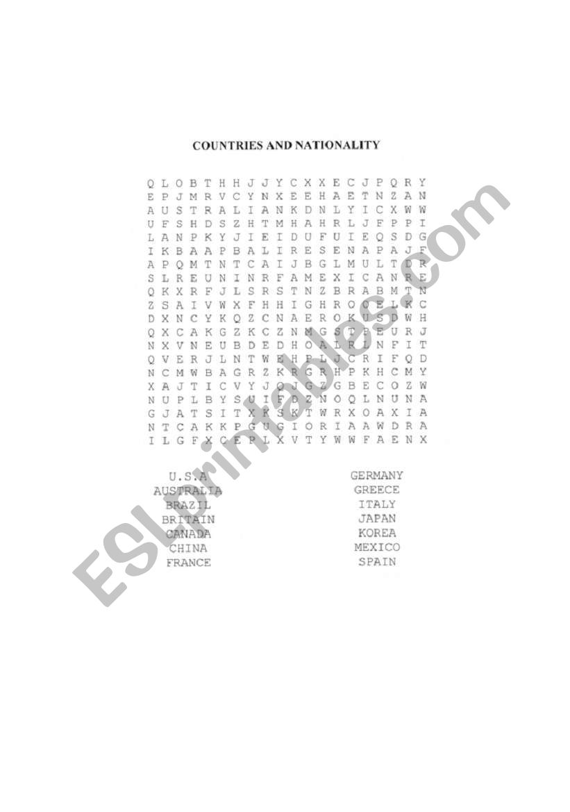 Countries and nationality wordsearch
