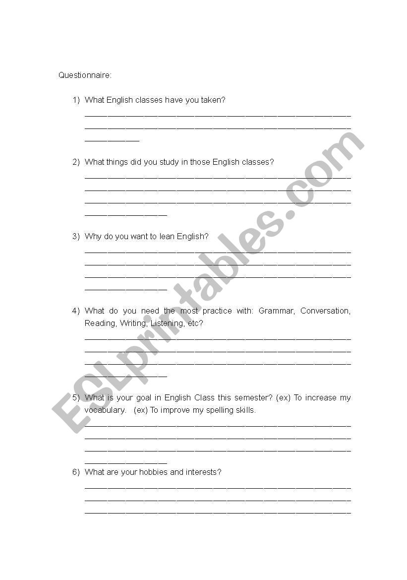 1st day of class assesment Questionnaire